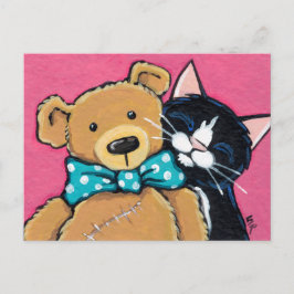 Cartão Postal Tuxedo Cat e Teddy Bear com Arco
