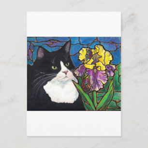 Cartão Postal Tuxedo Cat Iris Flor Borboleta Flor Vidro Estampad