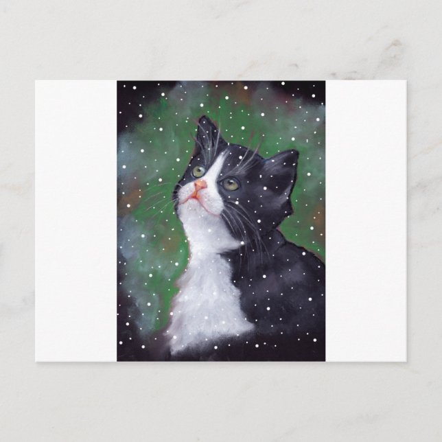 Cartão Postal Tuxedo Cat Olhando Para Blocos De Neve, Pintura (Frente)