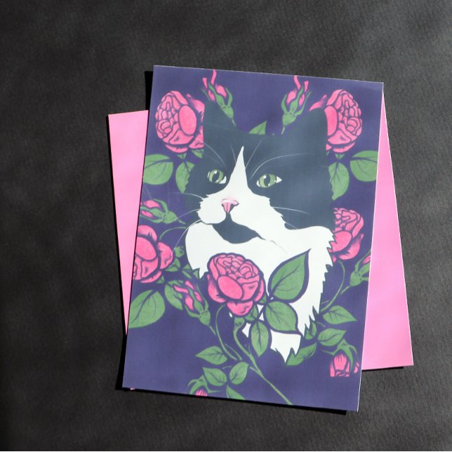 Cartão Postal Tuxedo Cat Peony Floral Art Tuxie Cat (Criador carregado)