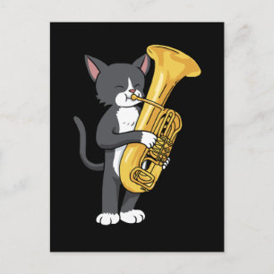 Cartão Postal Tuxedo Cat Tuba Oferece Homens Marchando Banda Tub