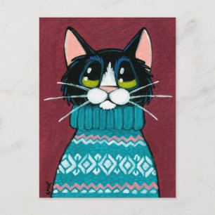 Cartão Postal Tuxedo Cat Vestindo uma pintura de suéter feio