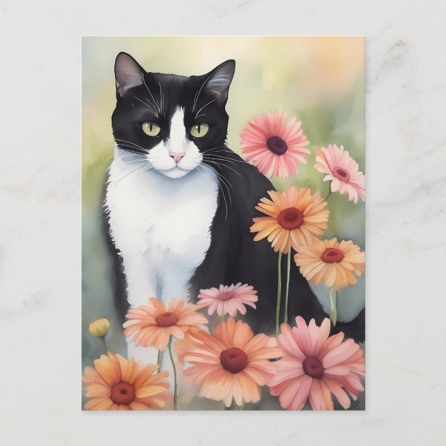Cartão Postal Tuxedo Gato De Aquarela Com Flores De Margarida De (Frente)