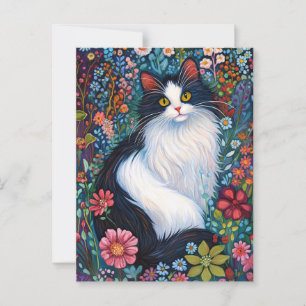 Cartão Postal Tuxedo Gato Whimsical com Flores Selvagens