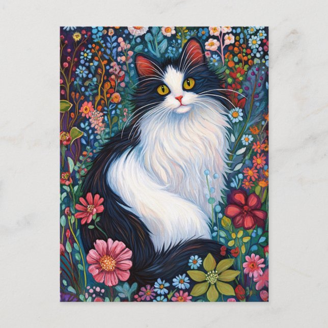 Cartão Postal Tuxedo Gato Whimsical com Flores Selvagens (Frente)