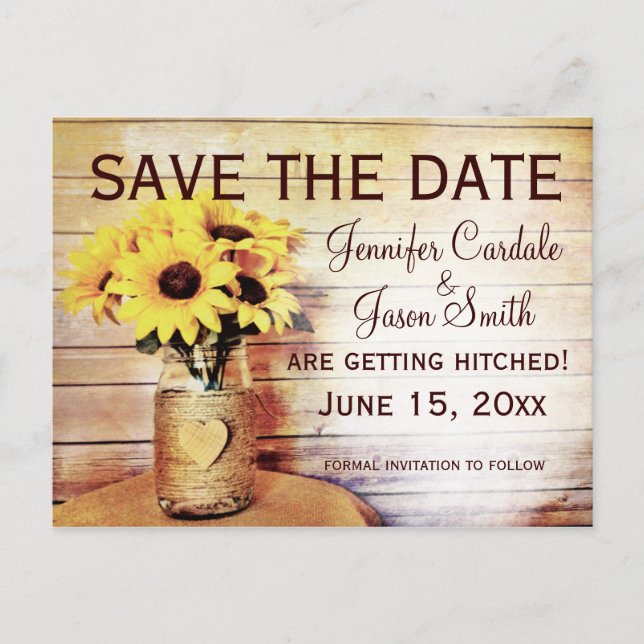 Cartão Postal Twine Wrapped Mason Jar Sunflower Save Date (O vin (Frente)