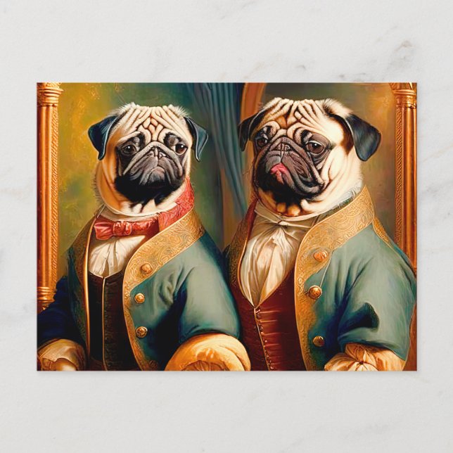 Cartão Postal Two Funny Anthropomorphic Vintage Pug (Frente)