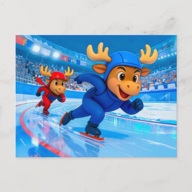 Cartão Postal Two Moose Speed Skating on an Icy Track (Frente)