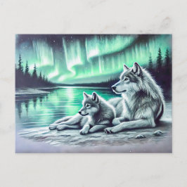 Cartão Postal Two Wolves at the Waters Edge with Northern Lights