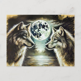 Cartão Postal Two Wolves in Moonlight with Pack