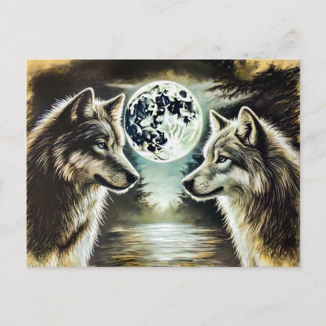 Cartão Postal Two Wolves in Moonlight with Pack (Frente)