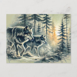 Cartão Postal Two Wolves Running at Sunrise