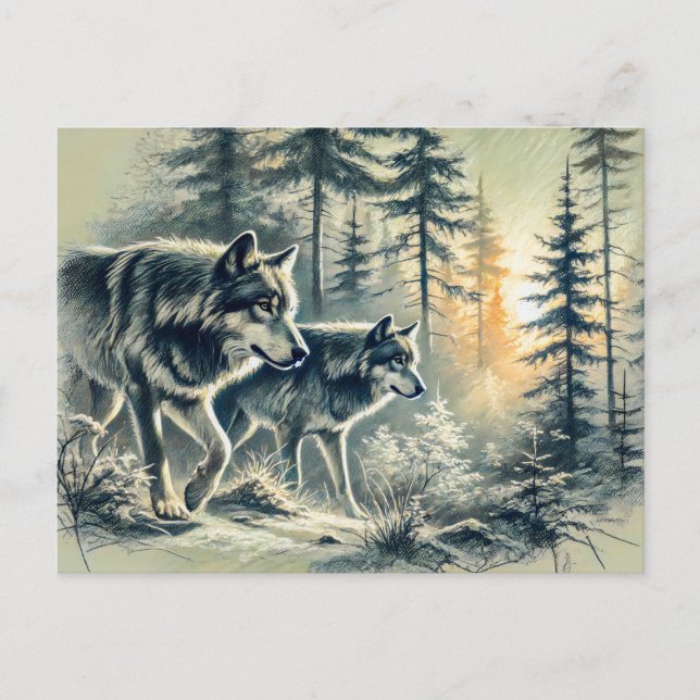 Cartão Postal Two Wolves Running at Sunrise (Frente)