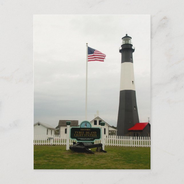 Cartão Postal Tybee Island Lighthouse Georgia American Flag (Frente)