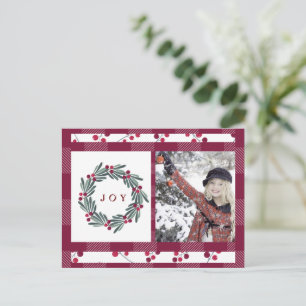 Cartão Postal Typografia "JOY" Foto Holly Berry Holiday Postcar