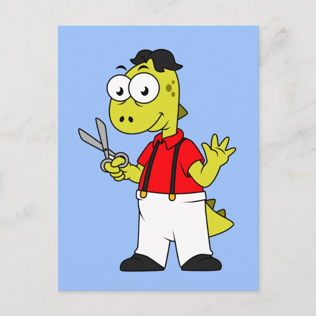 Cartão Postal Tyrannosaurus Rex Barber Com Tesoura. (Frente)