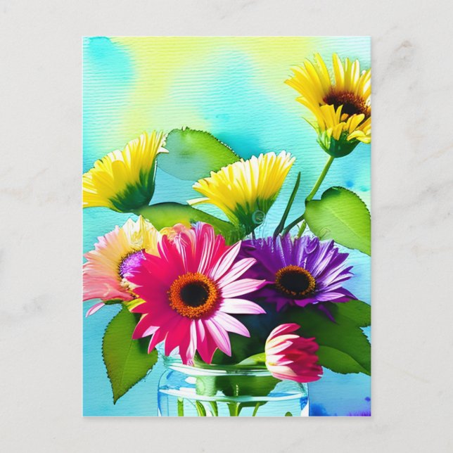 Cartão Postal Uau Fator. Vase e Flores. Cores vibrantes (Frente)