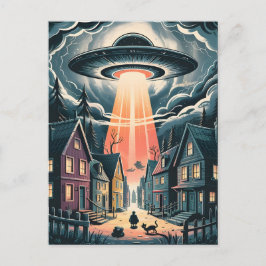 Cartão Postal UFO Abduction Night Street Illustration