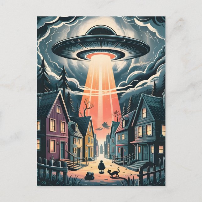 Cartão Postal UFO Abduction Night Street Illustration (Frente)