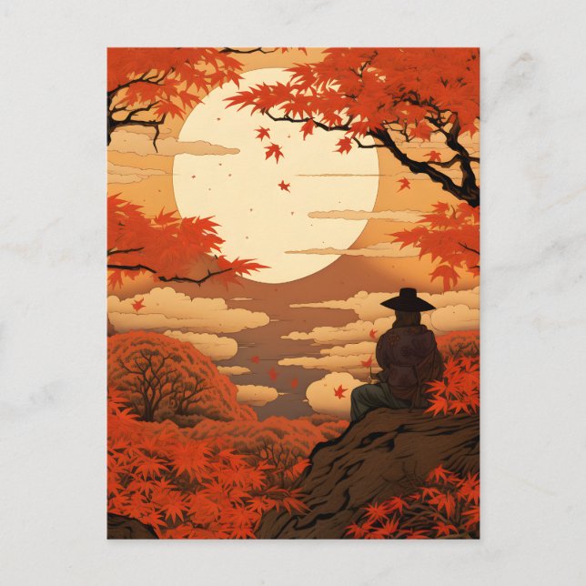 Cartão Postal Ukiyo-e Japão outono samurai (Frente)