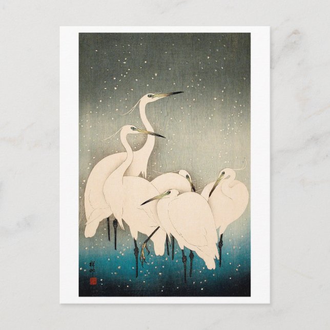 Cartão Postal Ukiyoe - Egrets na neve (Frente)