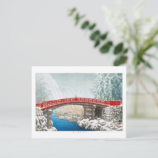 Cartão Postal ukiyoe - hasui - m12 - Neve na Ponte Shinkyo, ... (Em pé/Frente)
