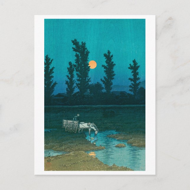 Cartão Postal ukiyoe hasui No52 Evening moon over Nakanosima (Frente)
