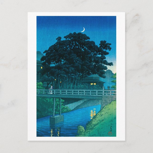 Cartão Postal ukiyoe hasui No55 Takinogawa e Lua Crescente (Frente)