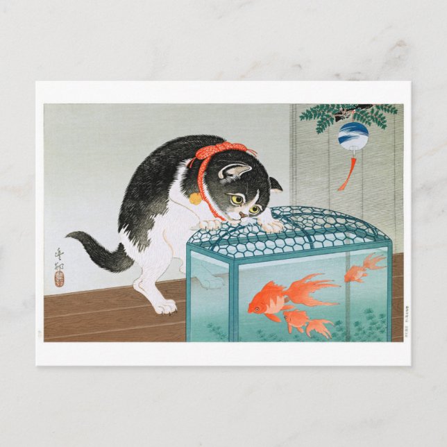 Cartão Postal Ukiyoe [Koson] Cat e Goldfish (Frente)