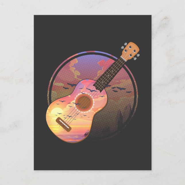 Cartão Postal Ukulele Antigo Por do Sol Músico Natureza Havaí (Frente)