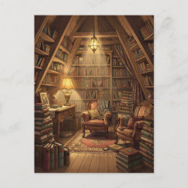 Cartão Postal Um aconchegante quarto de sótão cheio de livros ba