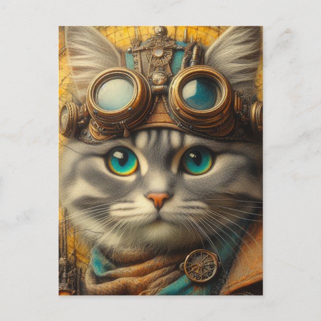 Cartão Postal um adorável gato cinza steampunk (Frente)