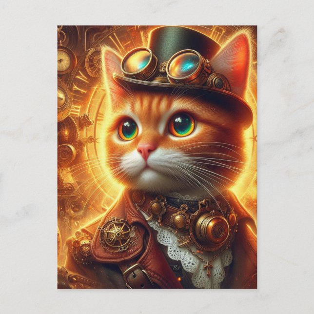 Cartão Postal um adorável gato gengibre steampunk (Frente)