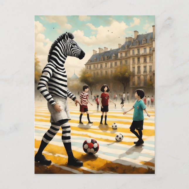 Cartão Postal Um árbitro zebra num jogo de futebol (Frente)