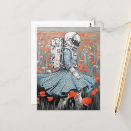 Cartão Postal um astronauta vestido de azul andando em papoulas