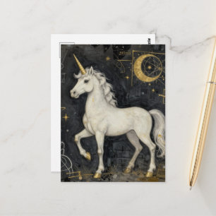 Cartão Postal Um belo unicórnio colagem preto e dourado