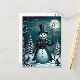 Cartão Postal Um Boneco de Neve Assustador com Pássaros