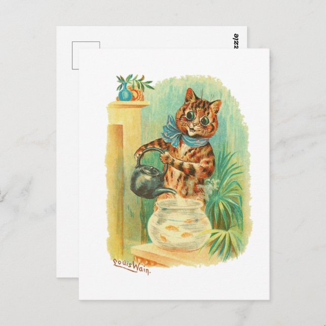 Cartão Postal Um Bonito Kettle de Peixe Louis Wain Cats (Frente/Verso)