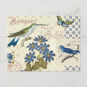 Cartão Postal Um Buquê de Flores Azuis, Pássaros e Borboletas