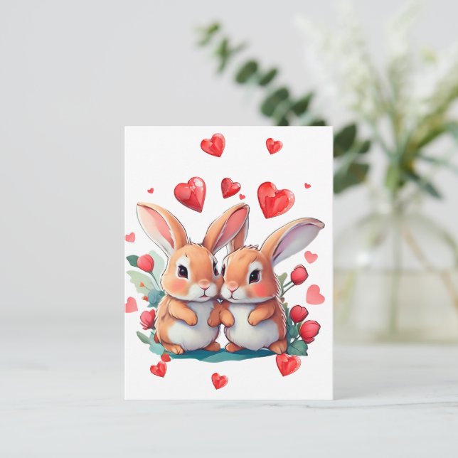 Cartão Postal Um casal de coelhos engraçados de aquarela (Em pé/Frente)