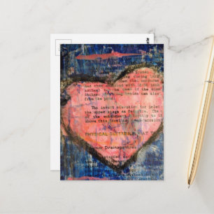 Cartão Postal Um Coração Rosa em Colagem de Mídia Mista Azul