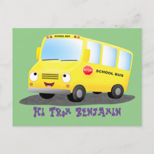 Cartão Postal Um desenho animado de ônibus escolar amarelo boni