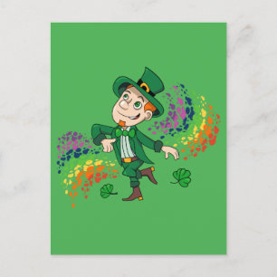 Cartão Postal Um duende dançante bonito e feliz, um arco-íris