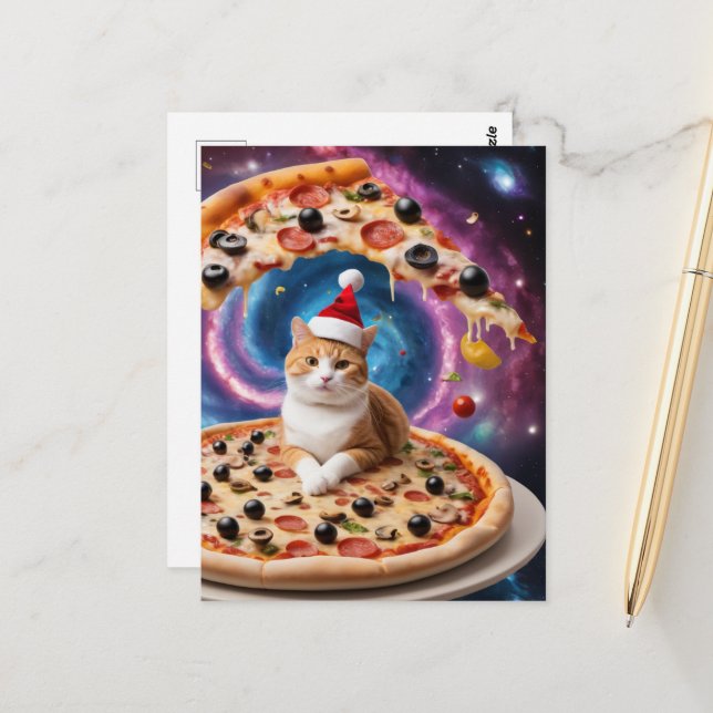 Cartão Postal Um Feliz Pai Natal Gato de Pizza de Natal (Frente/Verso In Situ)