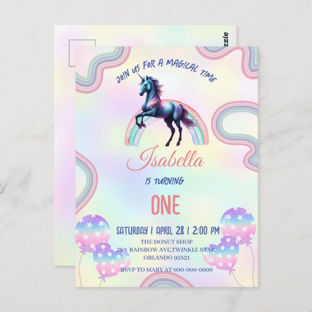 Cartão Postal Um Festa de Aniversário Feliz do Unicórnio Arco-Ír (Frente/Verso)