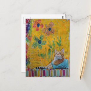 Cartão Postal Um Gatinho Gengibre Legal Floral Mídia Mista