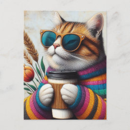 Cartão Postal Um Gato Adorável Com Um Café