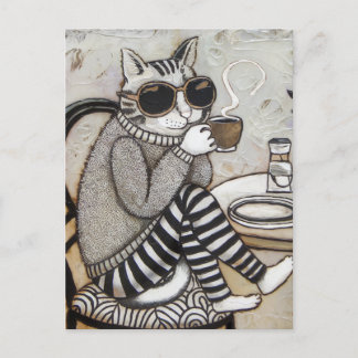 Cartão Postal Um Gato Adorável Com Um Café Encáustico