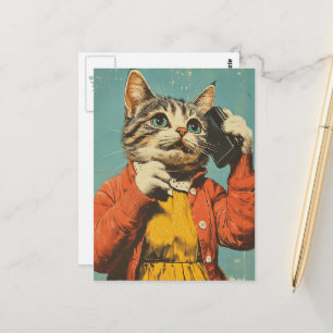 Cartão Postal Um gato adorável de estilo retrô no seu telemóvel