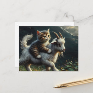 Cartão Postal Um gato adorável montando um bode Fantasia